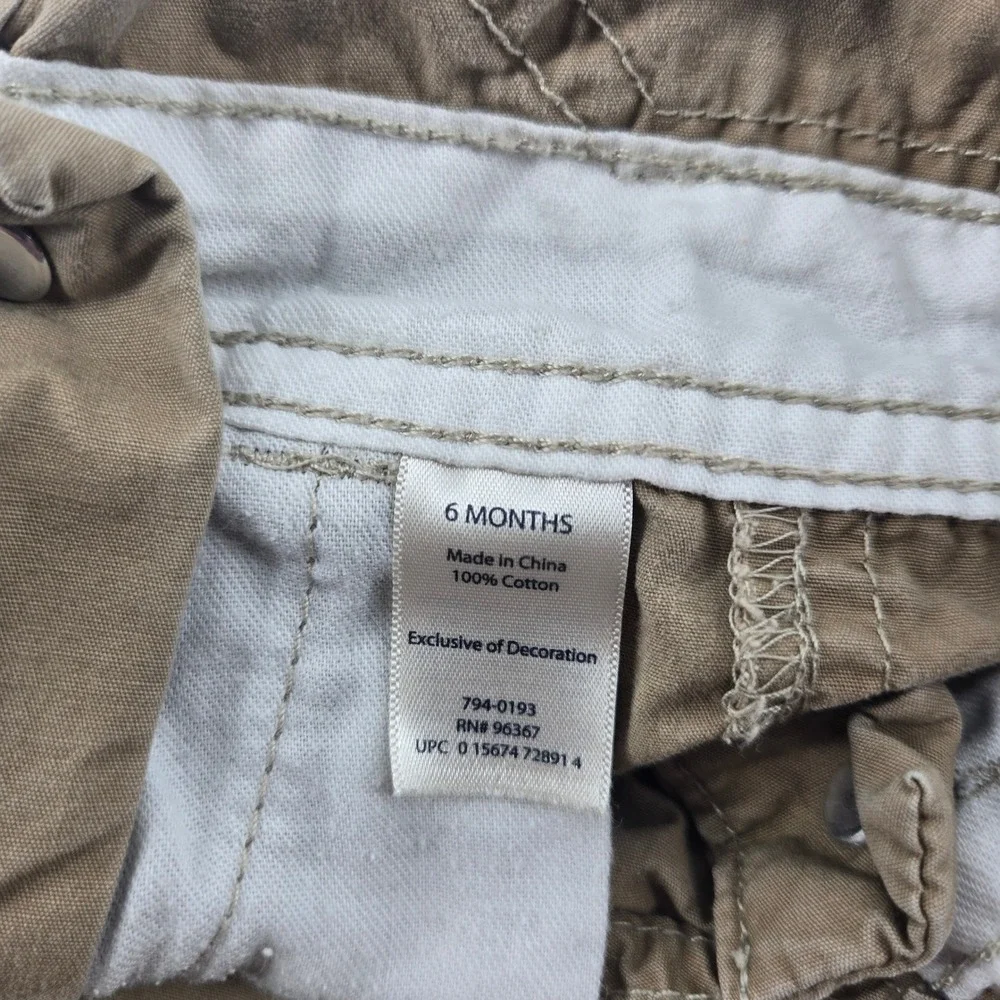 OshKosh B'gosh Baby Boy 6M Khaki Canvas‎ Shortalls Blue Crab Patch GUC